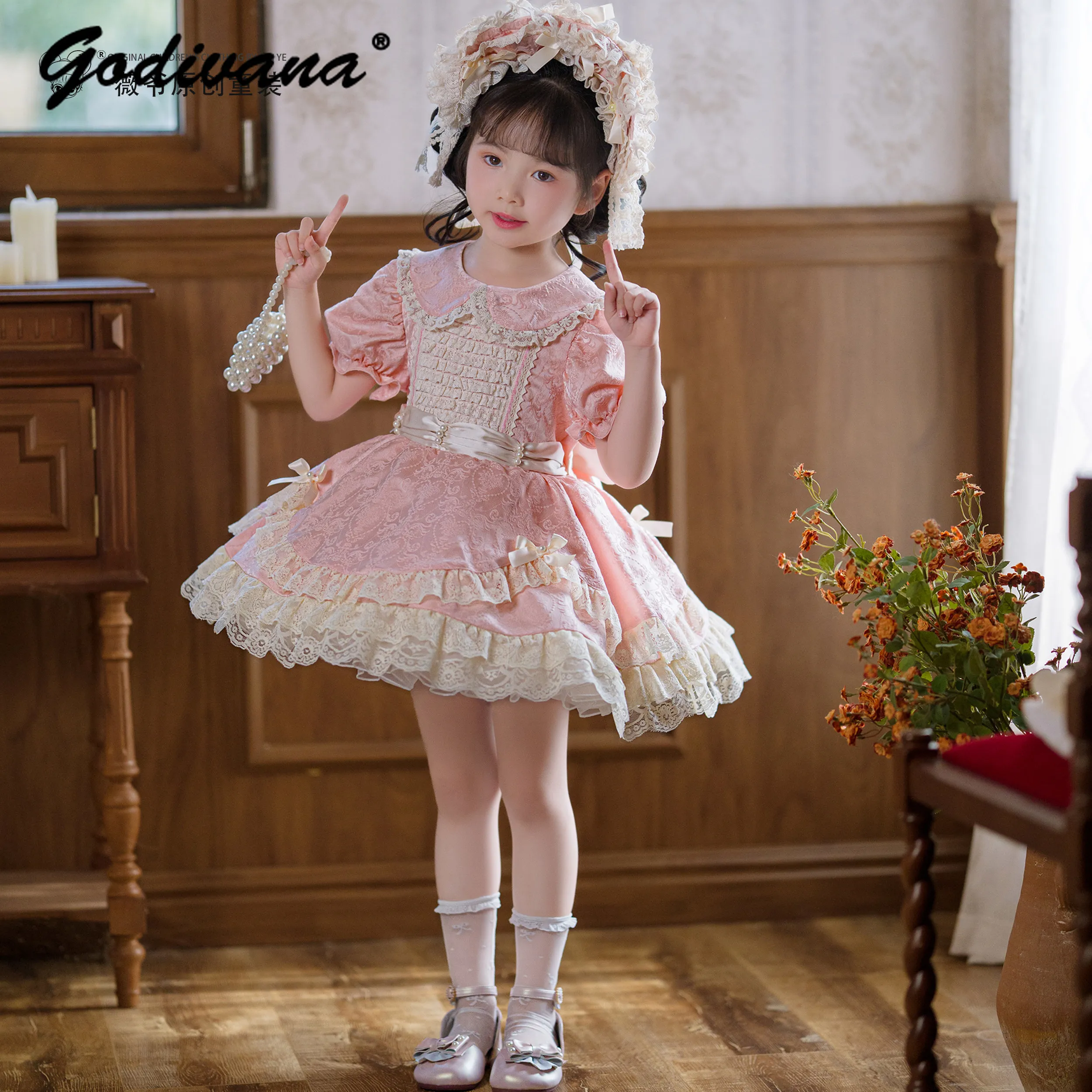 Original Baby Girls Sweet Elegant French Vintage Court Lolita Princess Dress Kids High End Pink Jacquard Ruffle Lace Ball Gown