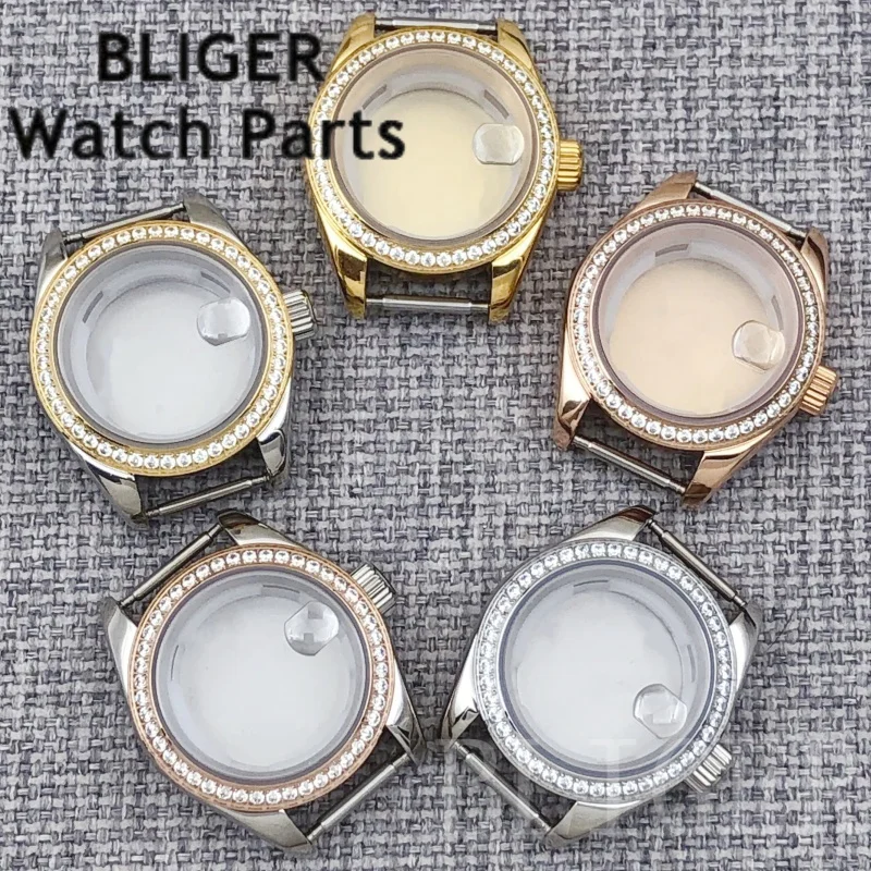 BLIGER NH05 06 28mm Cassa per orologio da donna Oro rosa Argento rivestito Anello con diamanti Vetro zaffiro Misura quadrante da 20,5 mm Adatto al movimento NH05 NH06