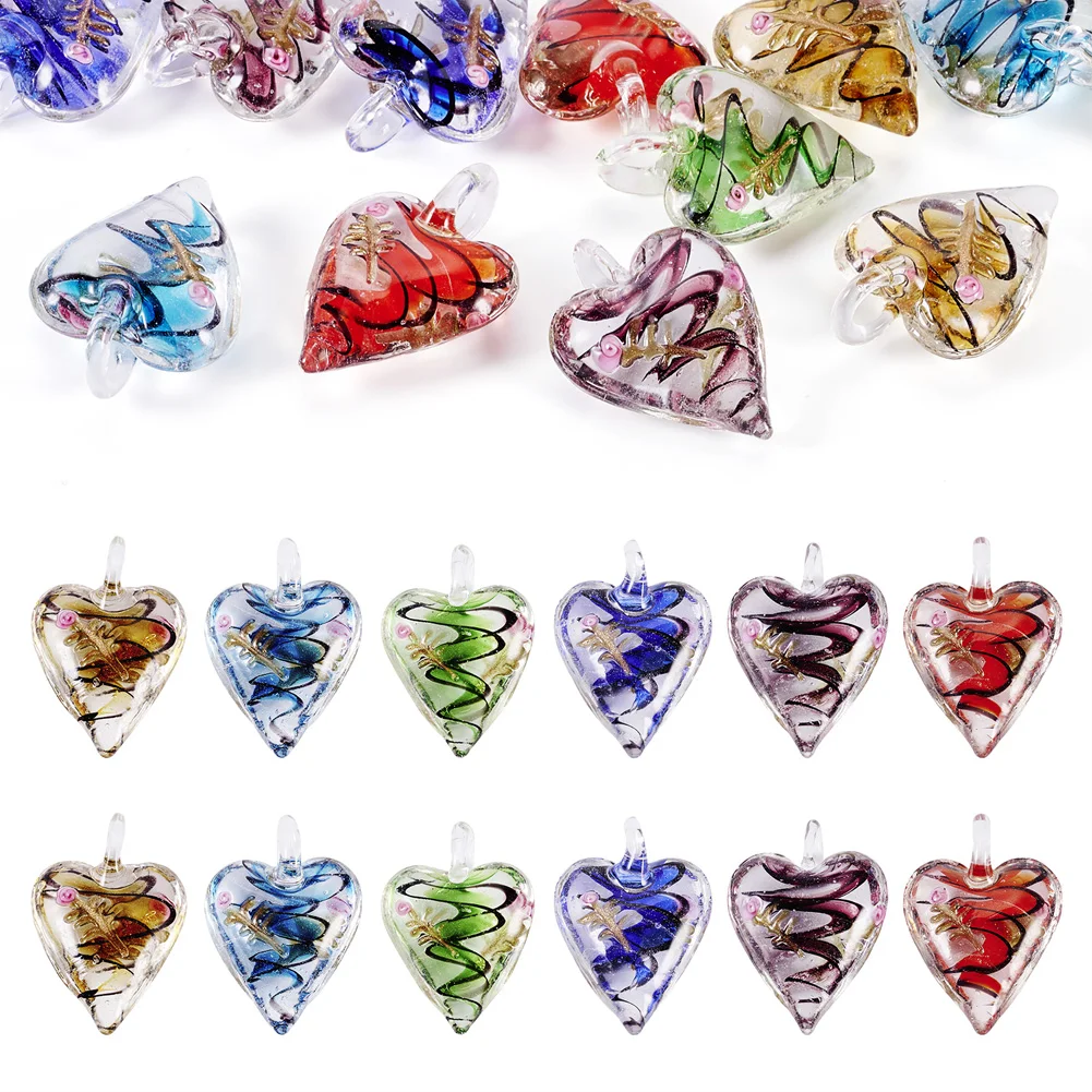 12pcs Inner Flower Heart Lampwork Pendants Handmade Golden Sand Charm for Necklace Keychain DIY Jewelry Making Accessories