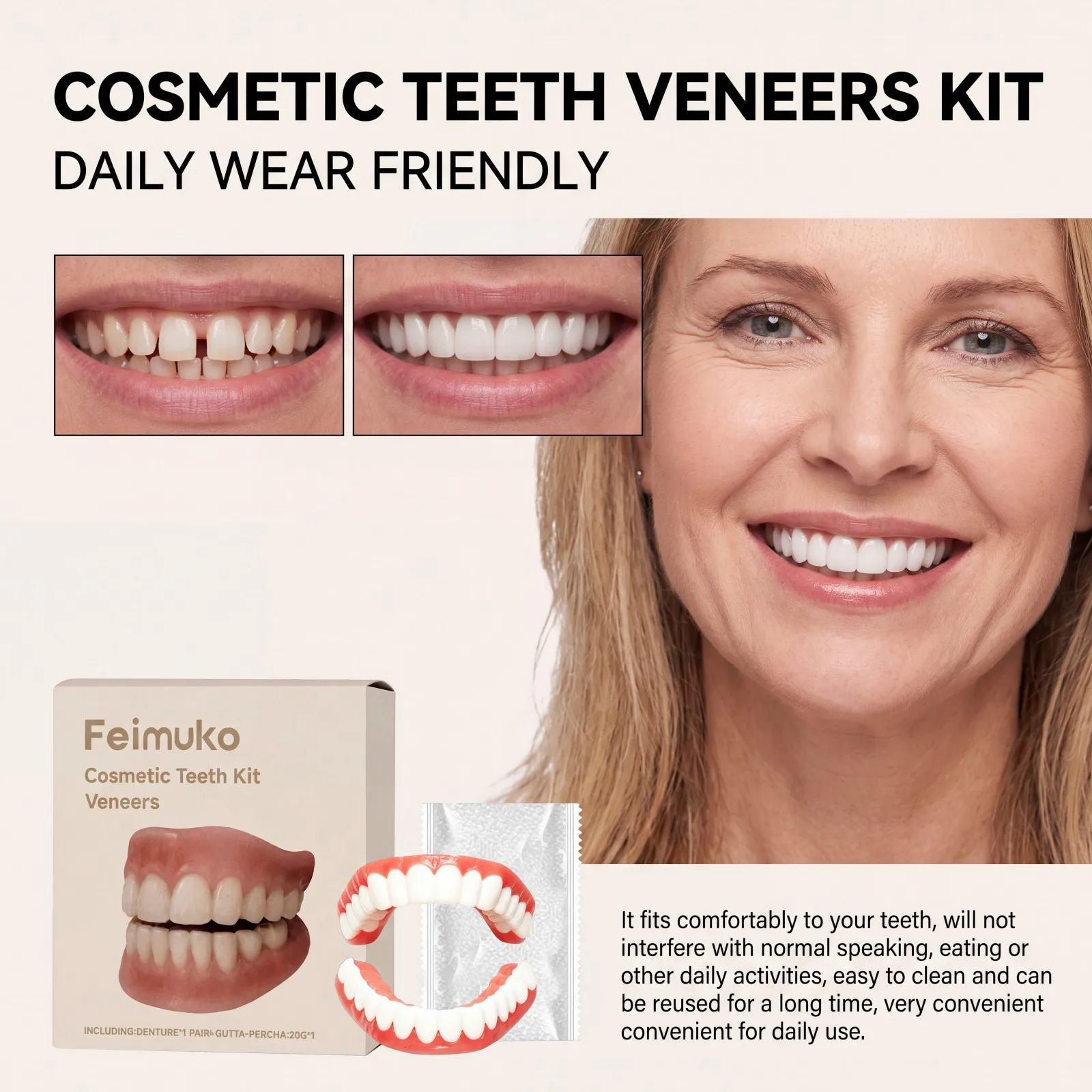 Cosmetic Teeth Veneers Kit Denture Replacement Fill Tooth Gaps Natural Look Comfortable Wear Reusable Soft Silicone Dentures