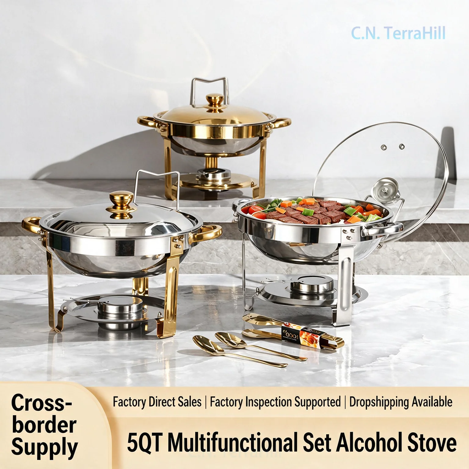 Stainless Steel Buffet Chafing Dish Set with Alcohol Burner Round Hot Pot for Hotel Catering