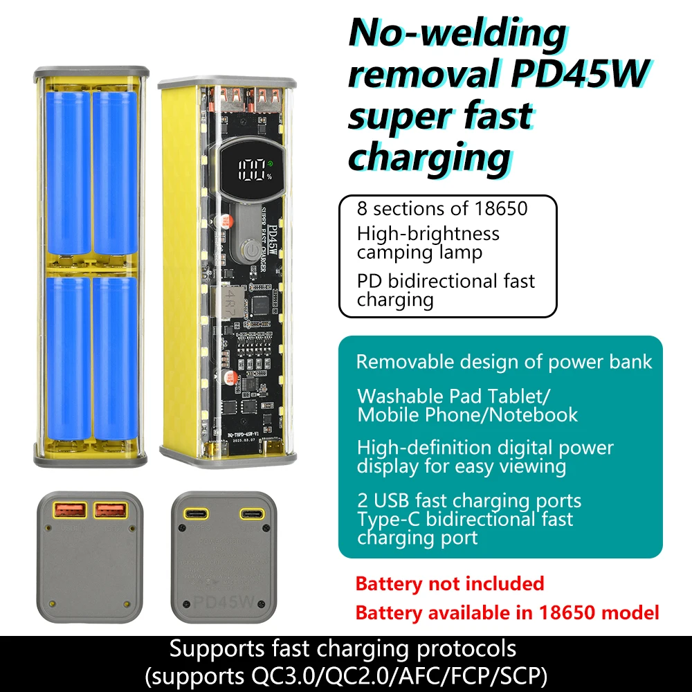 

Комплект мобильного питания «сделай сам», 8*18650, ящик для хранения батарей, чехол для аккумулятора USB и Type-C PD 45 Вт, сверхбыстрая зарядка с фонариком
