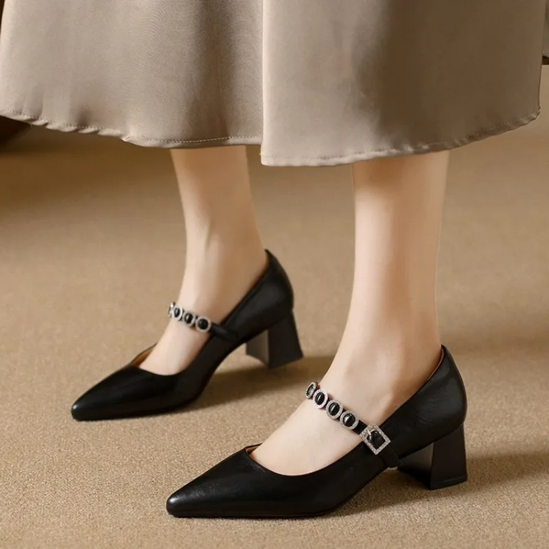 

2026 Soft Leather Jane with Buckle Design Retro Middle Heel Chunky Heel Slip-On Women's Fashion Footwear for Spring Sum...