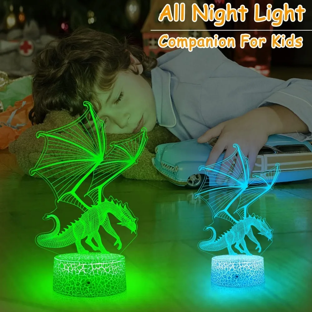 Nighdn-Dragon Night Light para Crianças, Lâmpada 3D Ilusionista, Luminária de Mesa, Decoração de Quarto, Presente de Natal e Aniversário, Meninos e Meninas, 7 Cores