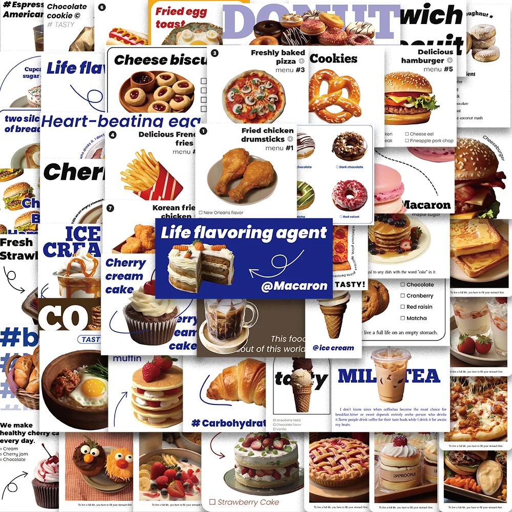 50pcs Simple Classic Food Stickers for Phone Case Skateboard Laptop Scrapbooking Luggage Phone Case Waterproof INS Decal