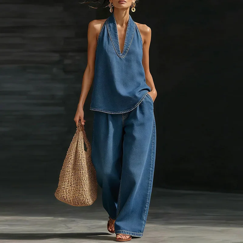 

Spring Summer Vintage Denim 2 Piece Set Women's Casual Sleeveless Top&Pants Holiday Suit Summer Hollow Solid Color Loose Outfit