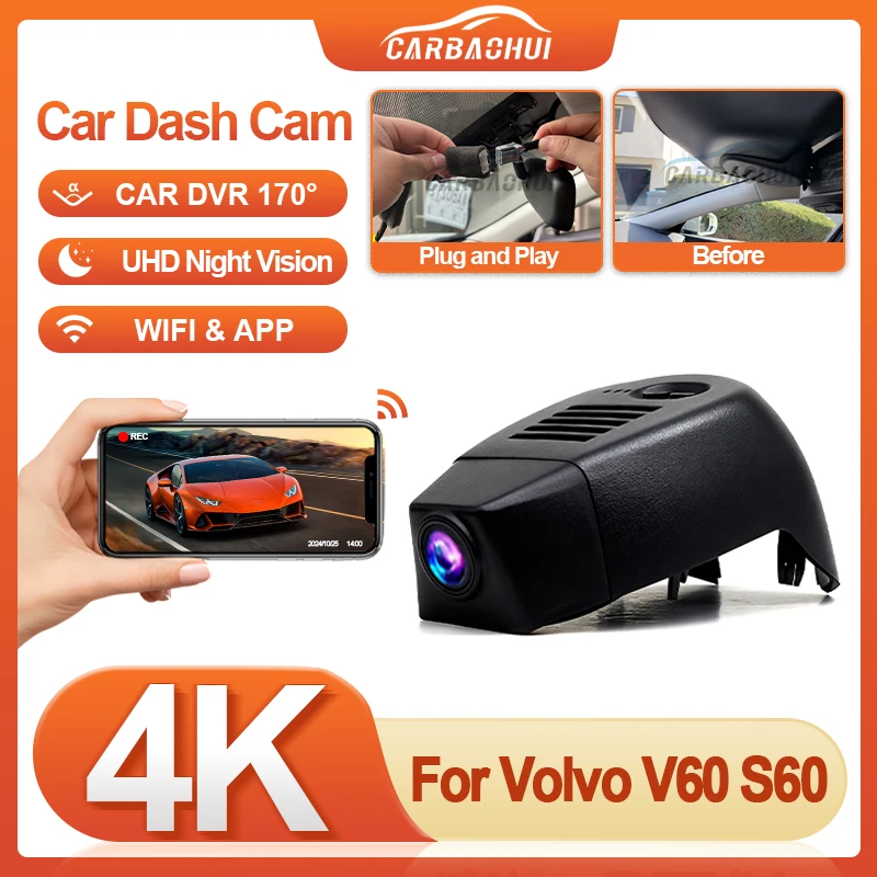 التوصيل والتشغيل اللاسلكية واي فاي داش كام سيارة DVR مسجل كاميرات لفولفو V60 S60 2015-2025 داش كام UHD 4K 2160P داش كام