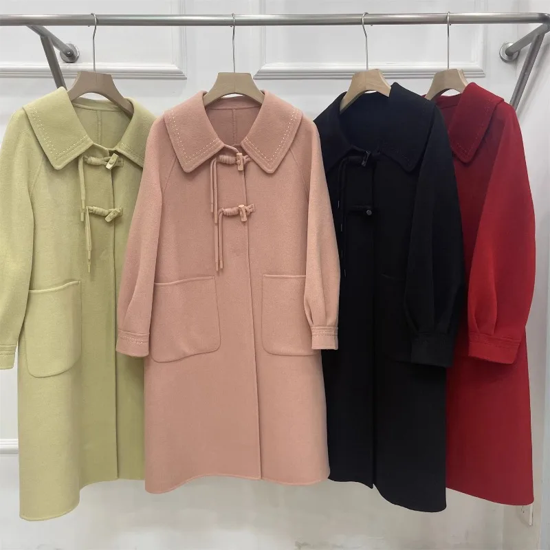 

Pink Double-sided Cashmere Coat Women Fashion Korean Lapel Horn Button 100%wool Coat New Winter Long Loose Thick Wool Coat Women