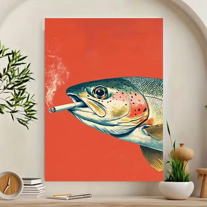 Multiple sizes 1pc frameless Canvas Painting,Smoked Trout Funny Vintage Fish Poster and Prints Canvas Painting Wall Art Pictures