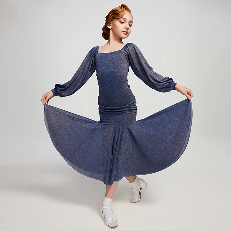 

2025 New Ballroom Dance Dress Kids Professional Dancing Costume Girls Long Sleeves Latin Dance Competition Dresses SL12615