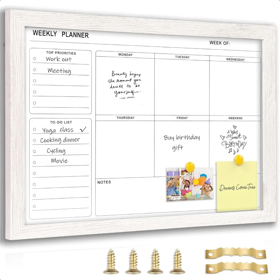 

White Board Weekly Calendar Dry Erase for Wall16"X12"White Solid Wood Frame Minimal Modern Design Magnetic Whiteboard for to