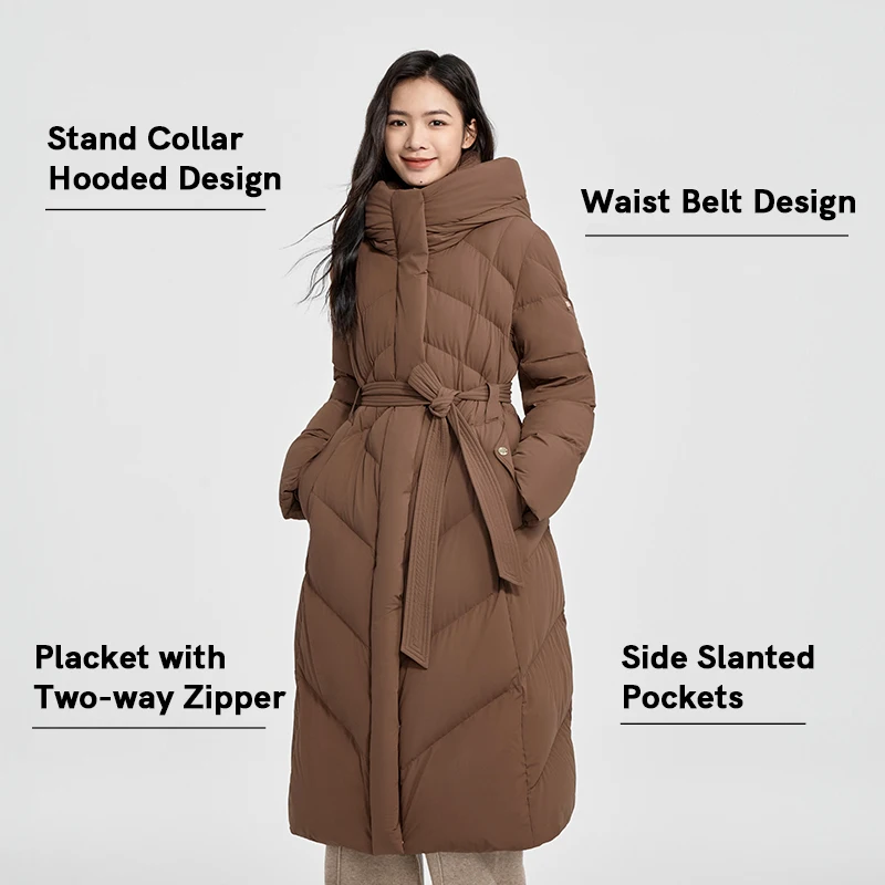 Chericom Chaqueta larga de plumas con cinturón en la cintura diseño acolchado estilo acolchado con capucha de invierno para mujer abrigos acolchados de ganso engrosados Y309738Y