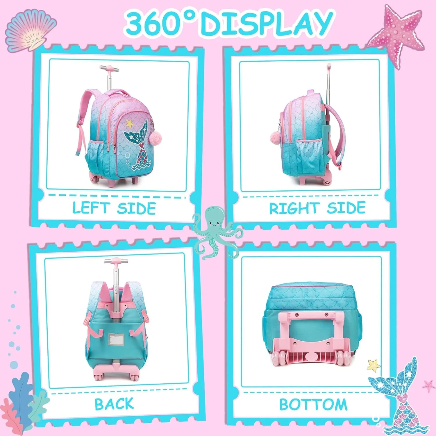 Bunnyfly 3PCS Rolling Backpack for School Kids Wheeled Backpack with Silent Wheels Lightweight Primary School Bag Durable Daypac