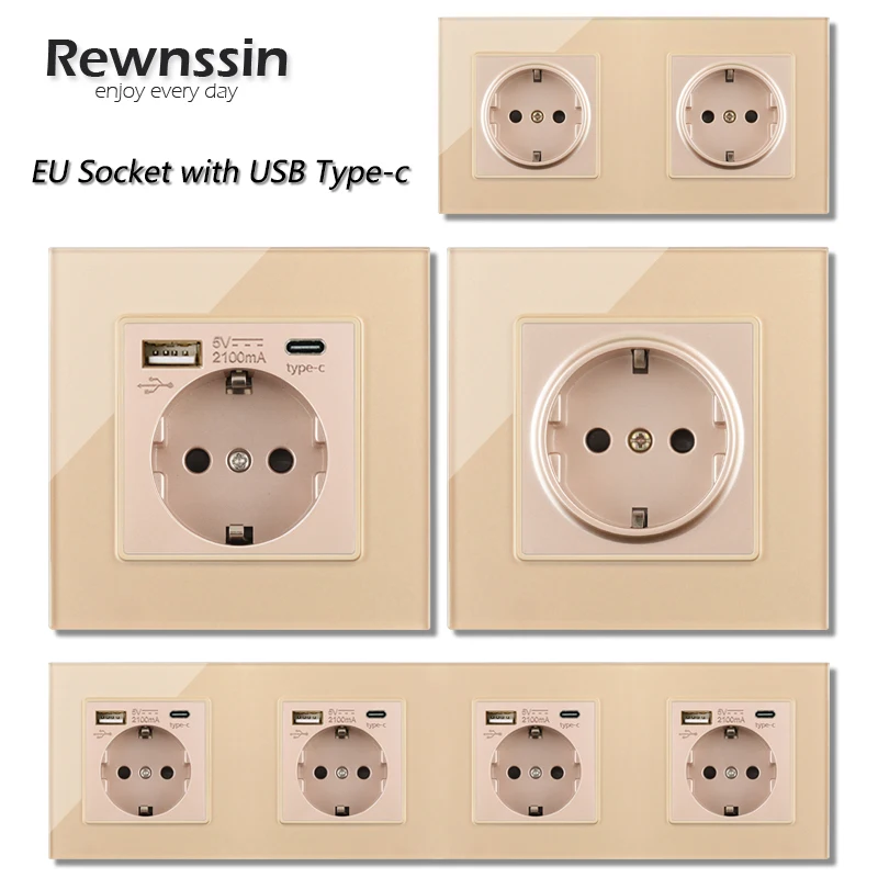 Rewnssin DE/EU Standard Home Socket with Usb Outlets and Type C Charge, Gold Glass Panel Power Eletricity Development 220V 16A