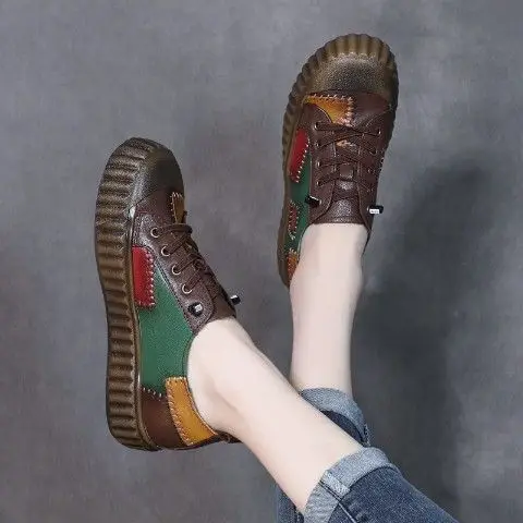 Retro Patchwork Leather Single Shoe for Women Platform Shoes Spring Autumn British Style Casual Shoes with Low Tops Sneaker