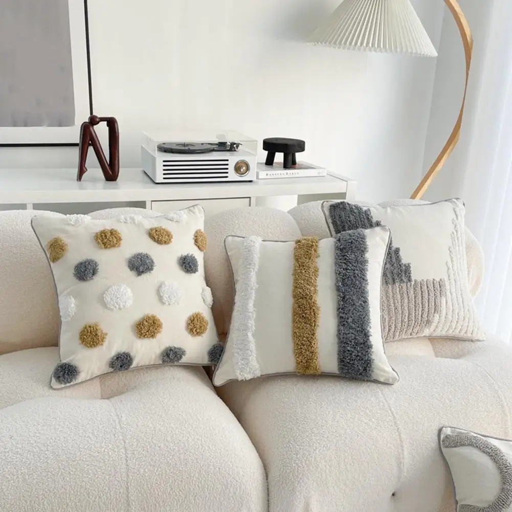 Unique Boho Throw Pillow with Braided Rope Pattern Handmade Tassels Cushion Soft Cotton Linen Textured Cushion for Sofa Bed