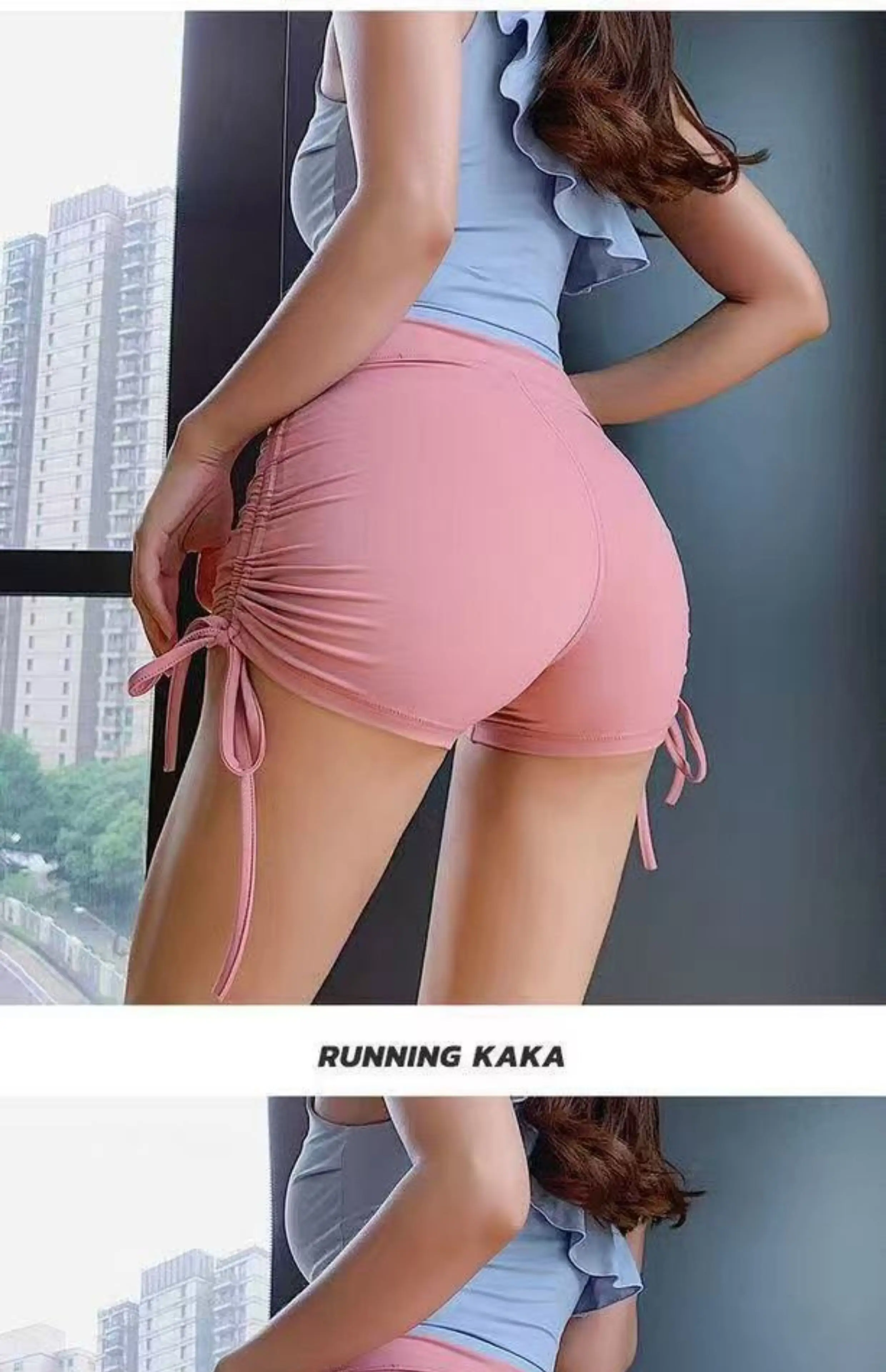 Sexy Sportshorts mit Kordelzug für Damen, High-Waist-Hip-Lifting-Hose, Yoga-Laufhose, schnelltrocknende, enge Yoga-Dreipunkt-Fitnesshose – Detail 5
