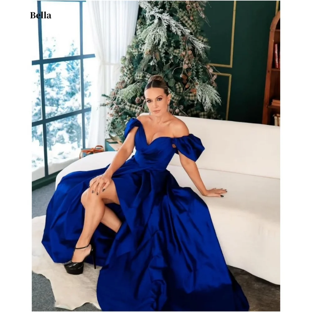 

Bella Customized Blue One Shoulder Strapless Backless robes de soirée Sleeveless Satin Party Dresses Floor-Length Prom Dress