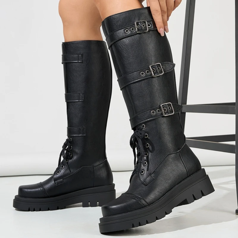 

Buckle Vintage Women's Knee High Boots Platform Winter Shoes PU Leather Brown Riding Boot Punk Heels Long Footwear Shoes Ladies