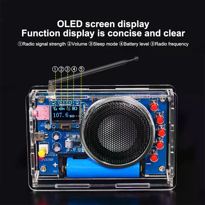 

Комплект FM-радио «сделай сам», OLED-дисплей, комплект для сборки радио, 87-108 МГц, перезаряжаемый FM-радио, электронный проект, набор для пайки