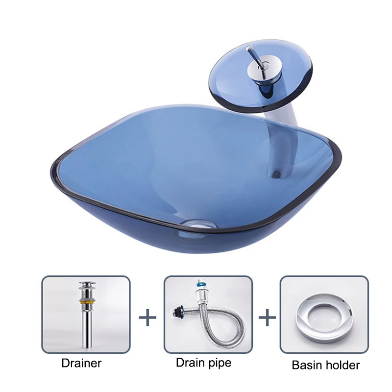 

Bathroom Washbasin Glass Sink Countertop Art Basin Blue Tempered Glass Basin Round Transparent Wash Basin Washroom With Faucet