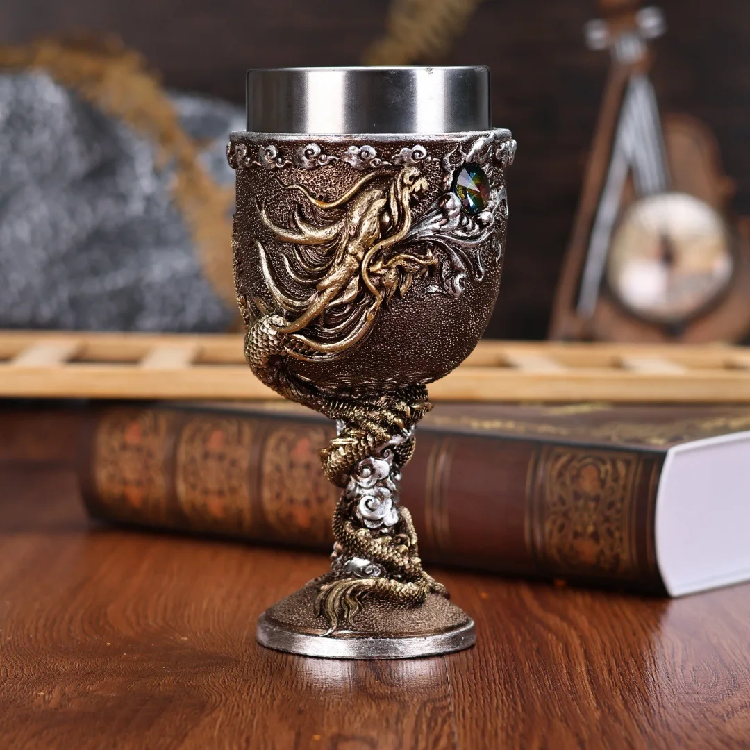 3D Medieval Dragon Gem Wine Goblets Viking Beer Mug Resin Stainless Steel Chalice Cocktail Whiskey Champagne Cups Party Decorati