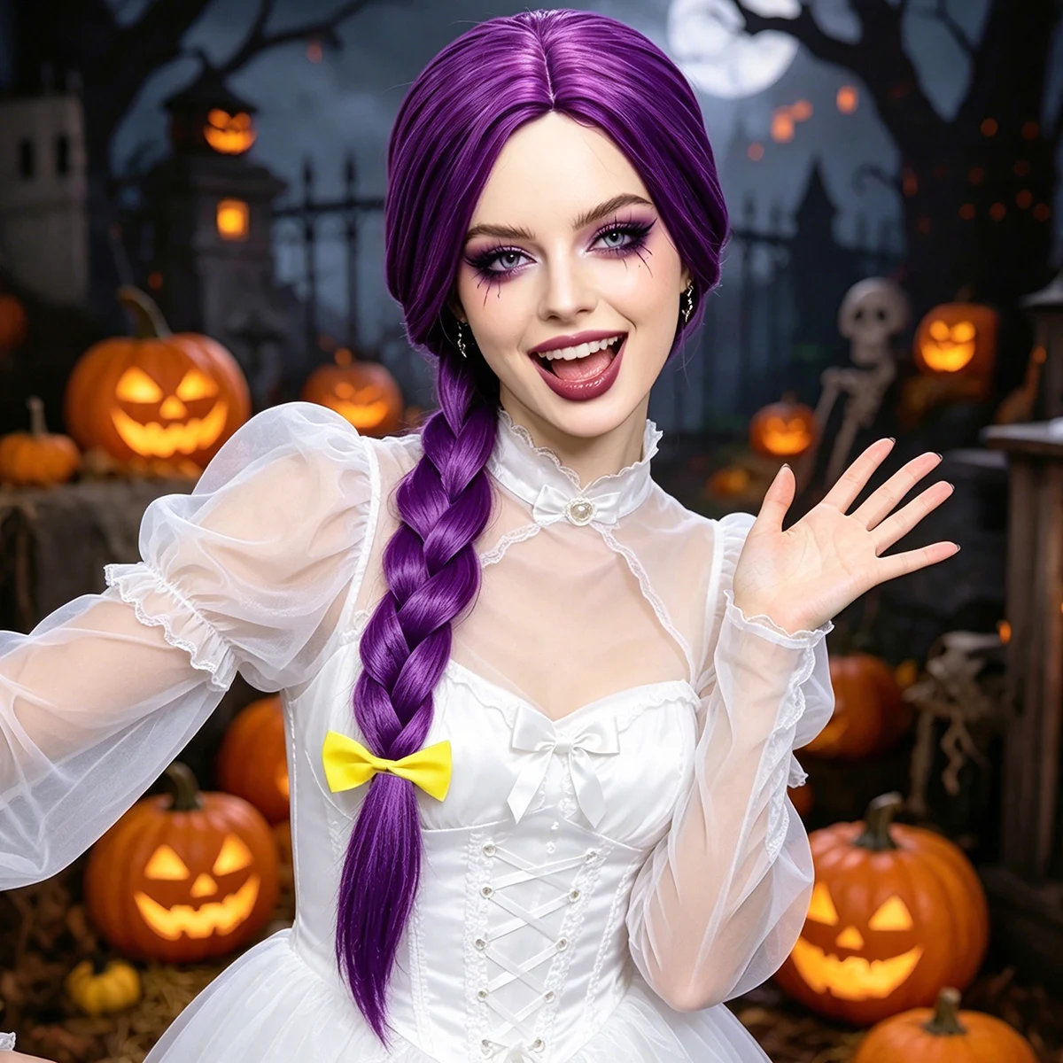 Purple Long Side Braid Synthetic Wig Middle Part Yellow Bow Women Anime Halloween Party Cosplay Costume Hairpiece