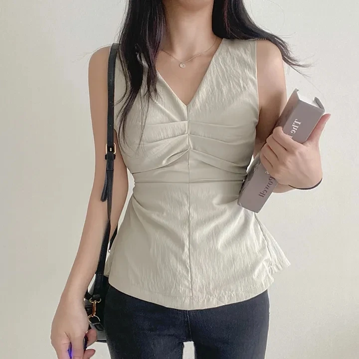 Chic Korean Style Women's Vest Strap Summer Gentle Pleated V-neck Backless Waist-cinching Sleeveless Top Commute Style Short ...
