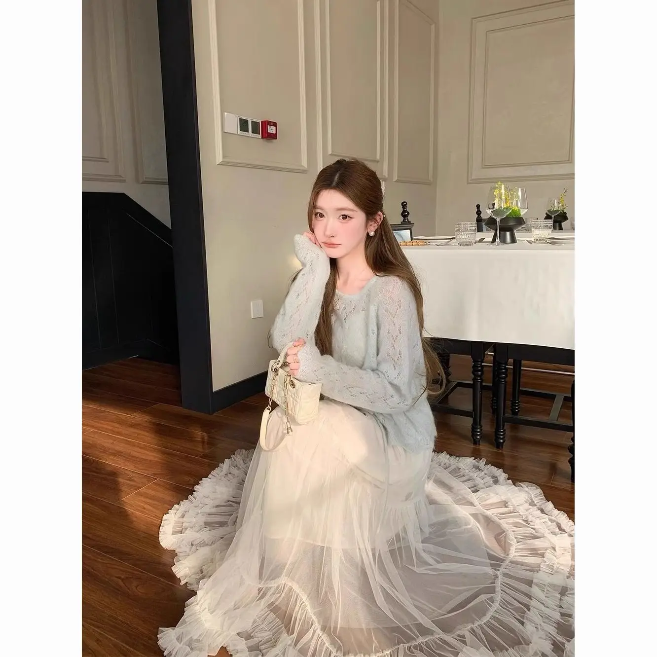 Korean Fashion Mesh High Waist Skirt Women Chic Ruffles Skirt Elegant All Match Black Party A Line High Elastic Waist Midi Skirt