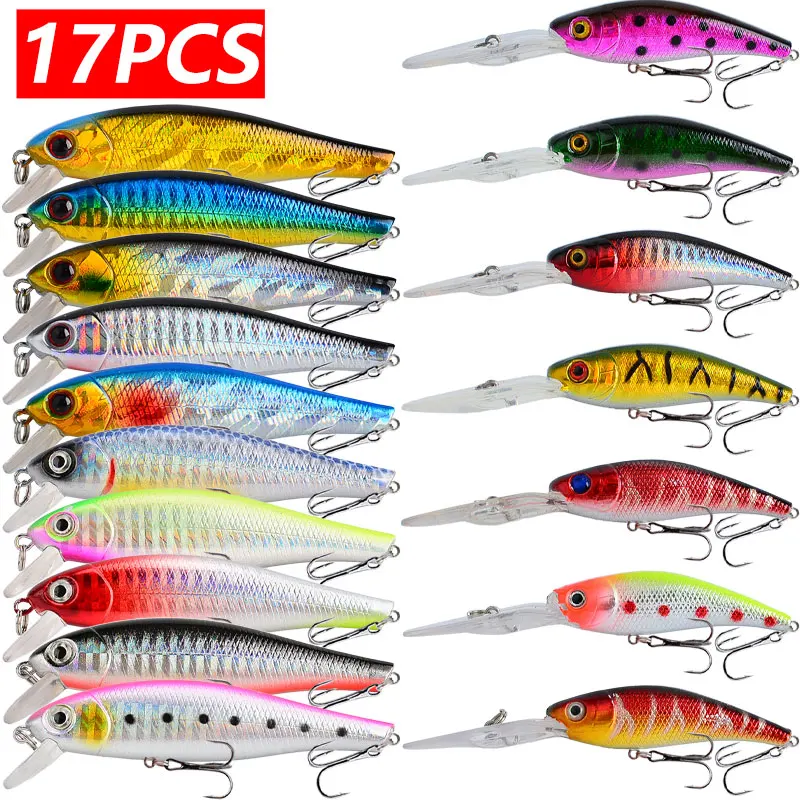 17pcs/lot Fishing Lures Minnow 8.5g/9g 3D Eyes Perch Artificial Bait Pike Carp Bait for Sea & Carp Fishing
