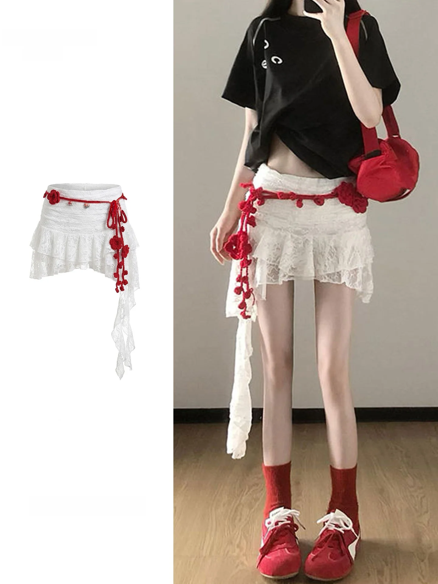 

Summer Lace Half Skirt Irregular Wave Vacation Women's Design Sense Skirt Short Skirt High Waist Korean Style