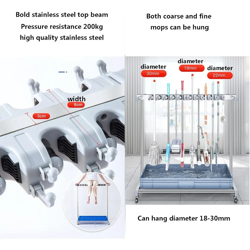 Напольный держатель для швабры и метлы, портативная стойка для хранения влажной швабры, стоячая тележка-органайзер для чистящих инструментов