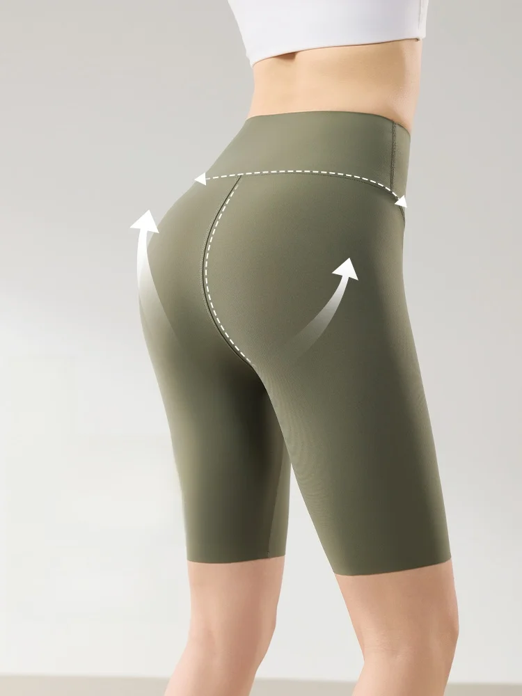High-Waist Five-Quarter arkskin Pants Women's Summer No-Underwear Tummy Control No-Curl Yoga Fitn Gym Cycling Pants