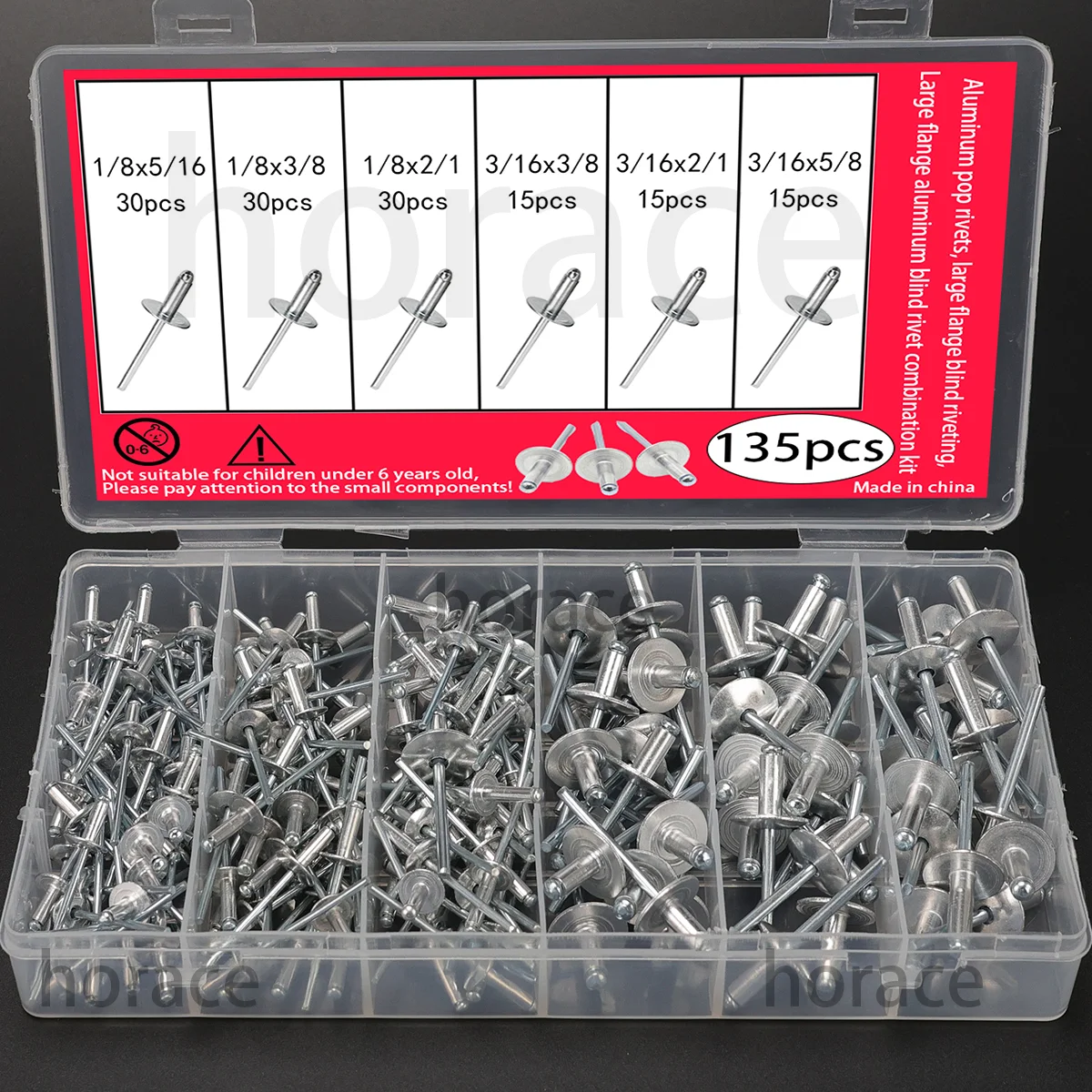 135 Pcs/Aluminum Blind Rivets for Large Flanges, Blind Rivet Clips, Aluminum Cap Rivets, Aluminum Blind Rivet Combination Set
