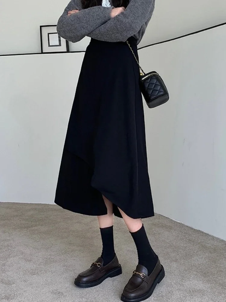 

2024, нерегулярная плиссированная юбка-зонтик средней длины для женщин больших размеров, осень-зима, черная облегающая юбка с высокой талией