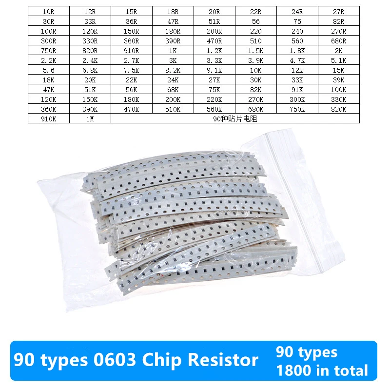 

Наборы резисторов SMD 1800 шт., элементы резисторов 0603 5%, 90 типов полноразмерных серий резисторов, смешанные, по 20 шт. каждого типа.