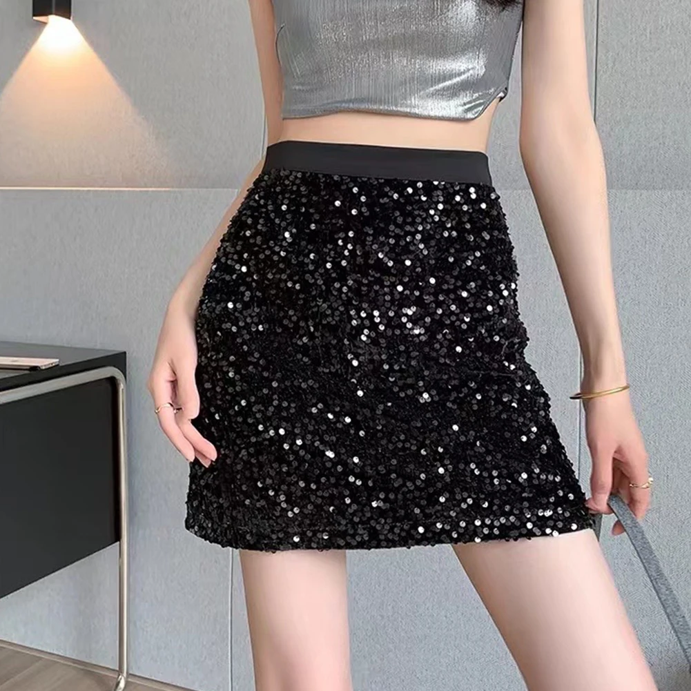 Stylish Comfy Fashion Hot New Short Skirt Sequins Skirt Elegant High Waist Polyester Solid Color Versatile Party