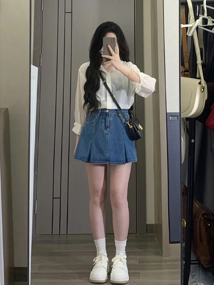 

Юбка трапециевидной формы с высокой талией, женские джинсовые юбки, весна-лето-осень, сезонные большие размеры, корейские утягивающие длинные юбки