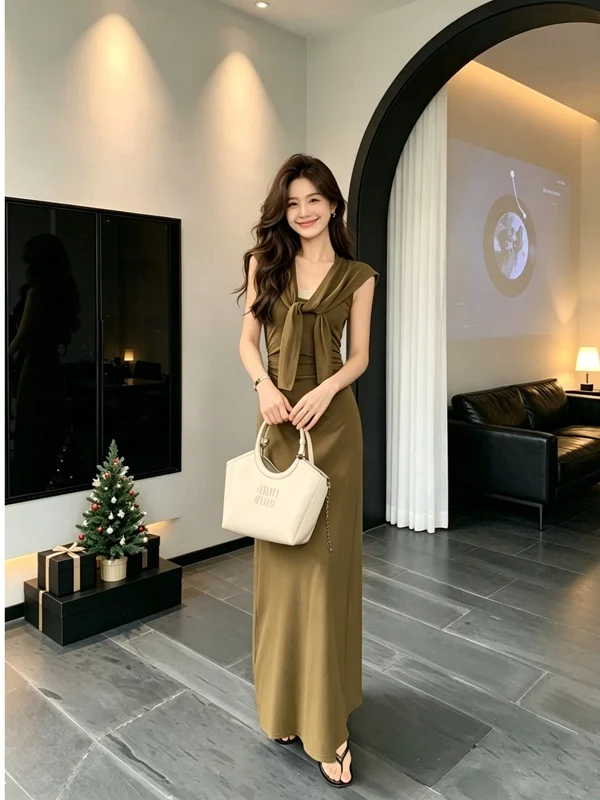 

Элегантное летнее длинное миди-платье для женщин с эффектом утяжки талии, высококачественное, с драпировкой и накидкой на плечи, модный комплект с юбкой-оберткой.