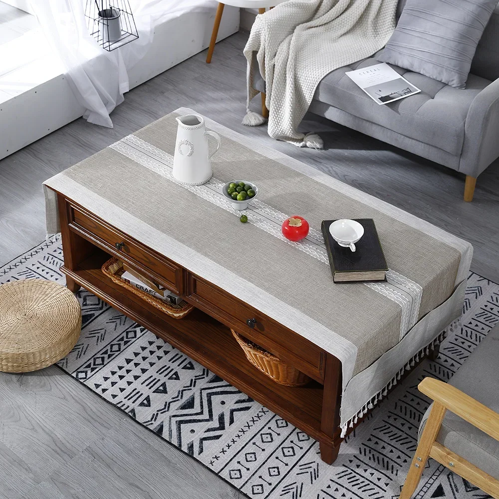 yesNordic Ins Rectangular Tablecloth Mat Fabric Embroidery Jacquard Tassel Household Dustproof Cover Tablecloth Wrinkle-Resistan