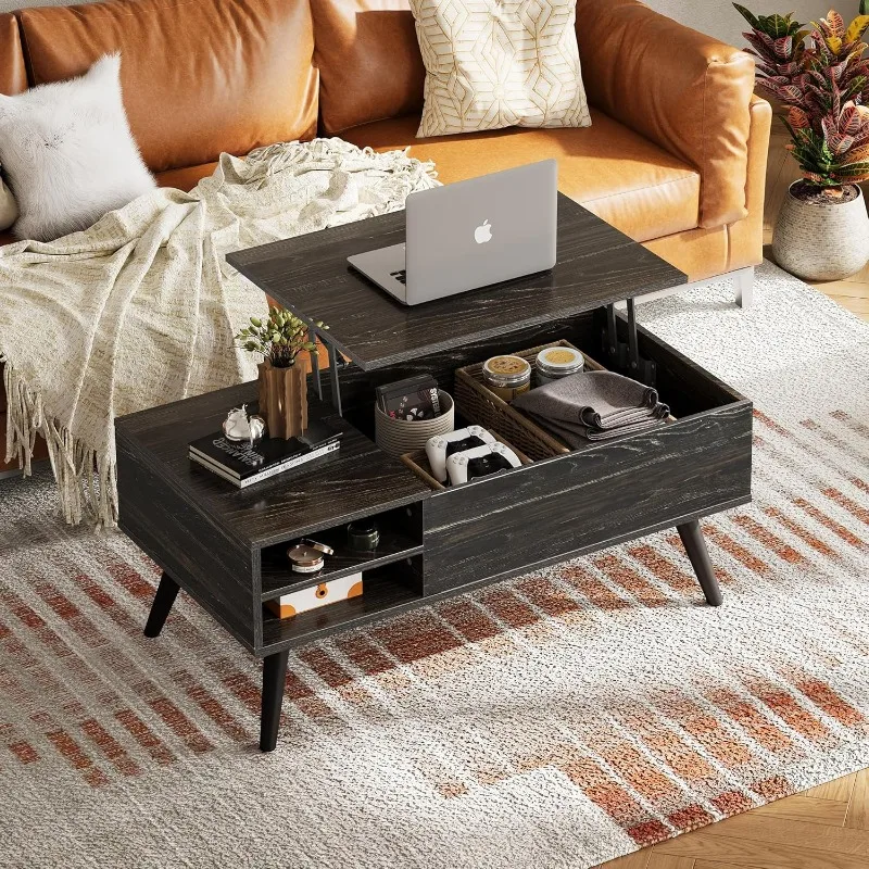 Wood Lift Top Coffee Table with Hidden Compartment and Adjustable Storage Shelf, Lift Tabletop Dining Table for Home Living