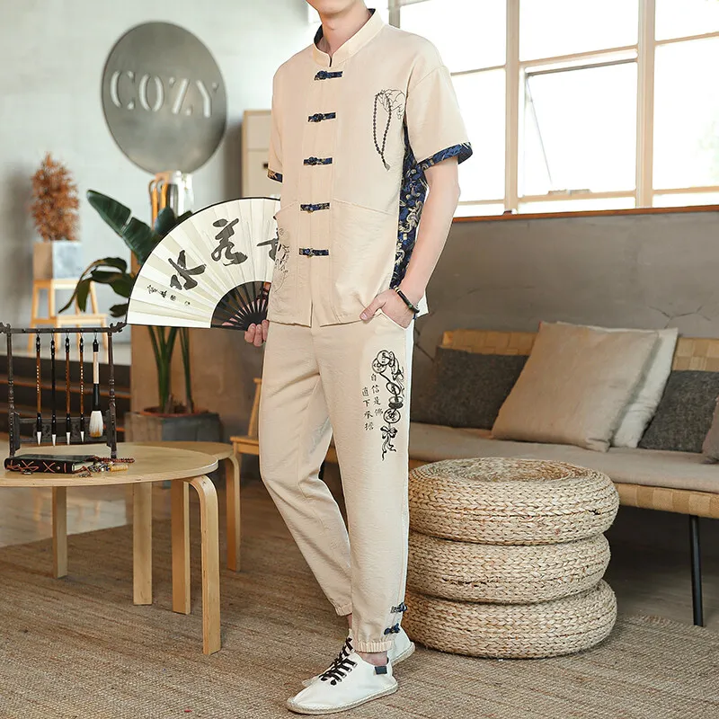 Male printing Chinese style short sleeves shirts trouser 100% Cotton Silk fabric Sportswear Men's Casual Sets Shirts + Pants