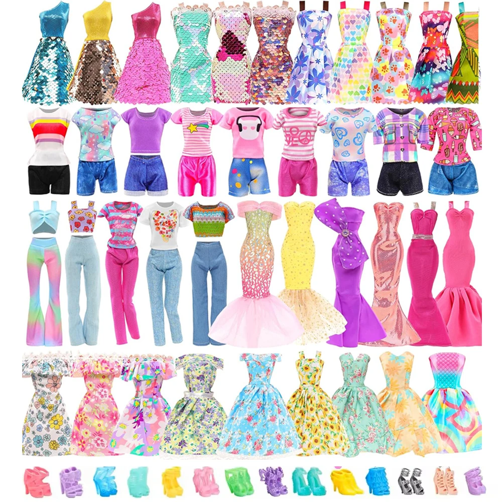 23 peças roupas de boneca = 6 vestido memaid floral com lantejoulas 5 vestido curto 2 tops calças/shorts 10 sapatos acessórios de boneca brinquedos infantis presente