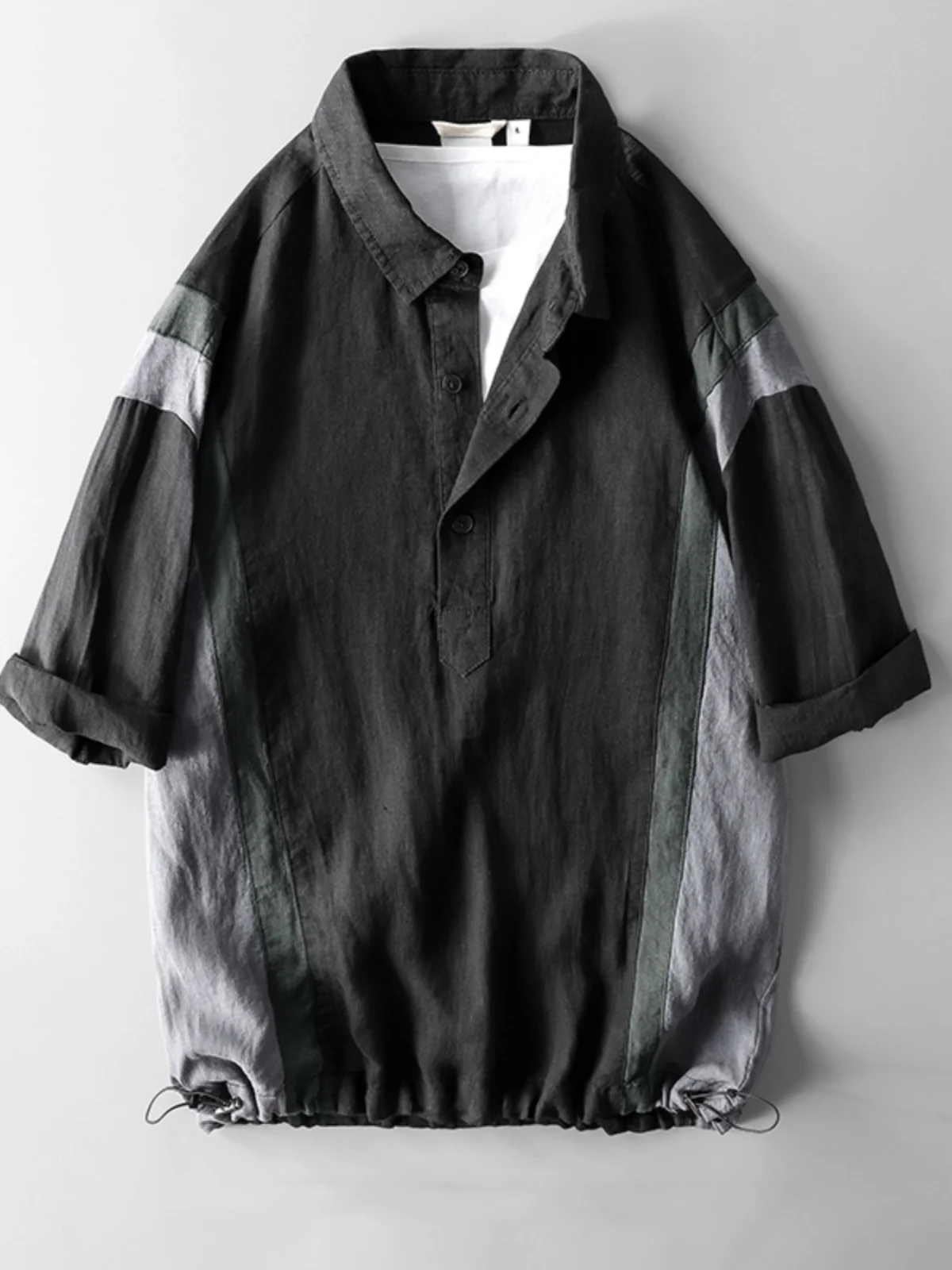 

Loose Fit Japanese Sle Patchwork Linen ort Sve Men's Summer Casual Cotton Linen Contrast Color irt Breathable N...