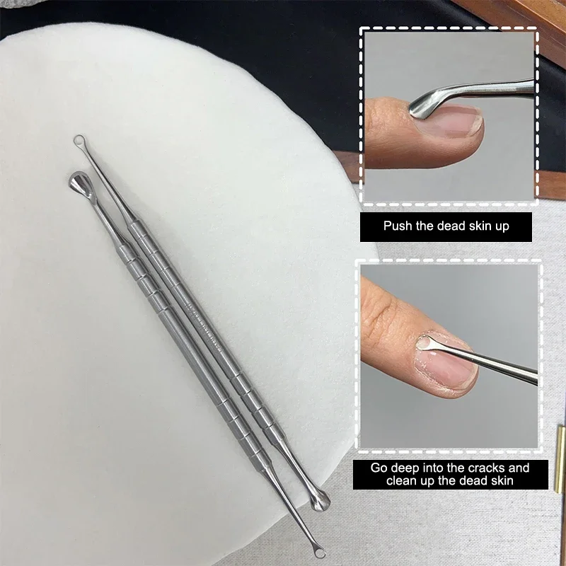 Removedor de cutícula de aço inoxidável de duas cabeças, empurrador de unhas, limpo, pele morta, círculo, pá chanfrada, ferramenta de esfoliação de manicure