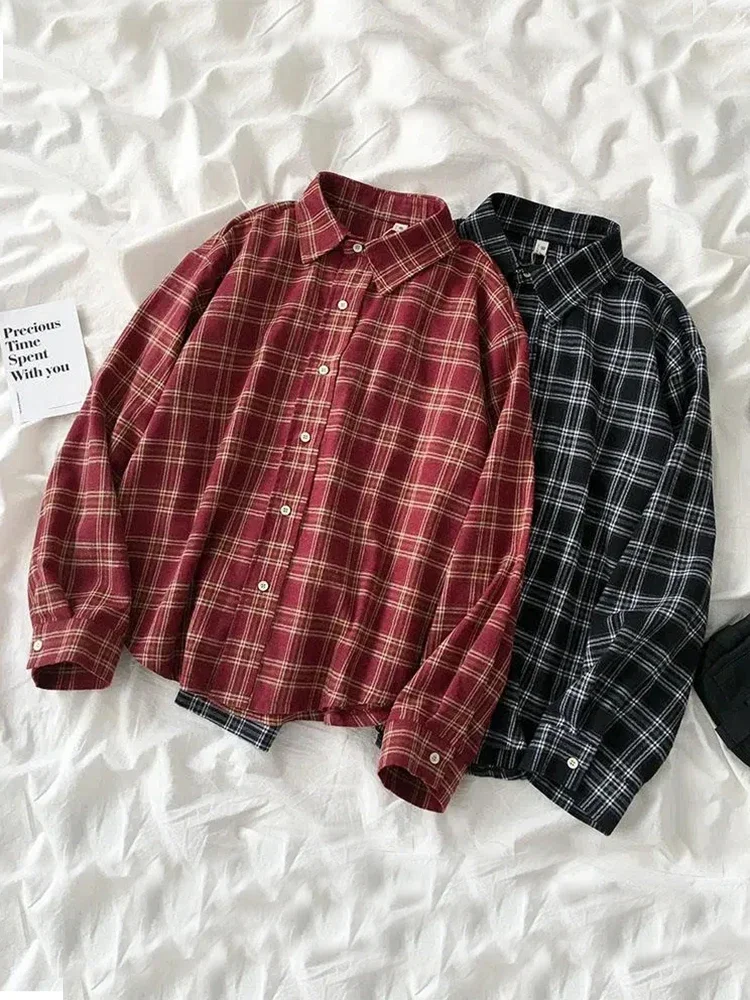 Red Plaid Women Shirts Autumn Loose Vintage Long Sleeve Button Up Female Shirts All Match Casual Turn Down Collar Tops New