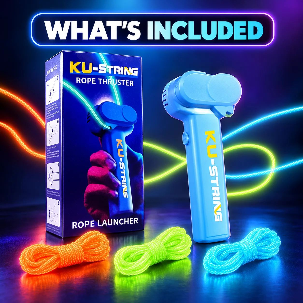 2-Pack USB-Rechargeable Light-Up String Launcher Set — Includes 6 replaceable glowing strings; a handheld electric string-launching party prop, interactive cat toy, and outdoor recreational toy.