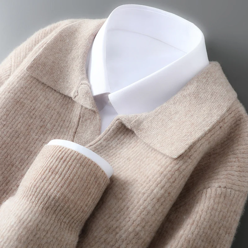 

Осень/зима, мужской свитер из чистой шерсти, осень/зима 2022, свободный свитер с воротником-поло, деловой повседневный кашемировый вязаный базовый свитер