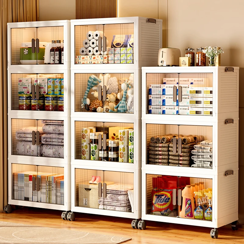 

Large Capacity Folding Portable Storage Cabinet Bins Stackable Organizer Box With Wheel Collapsible Toy Storage With Double Door