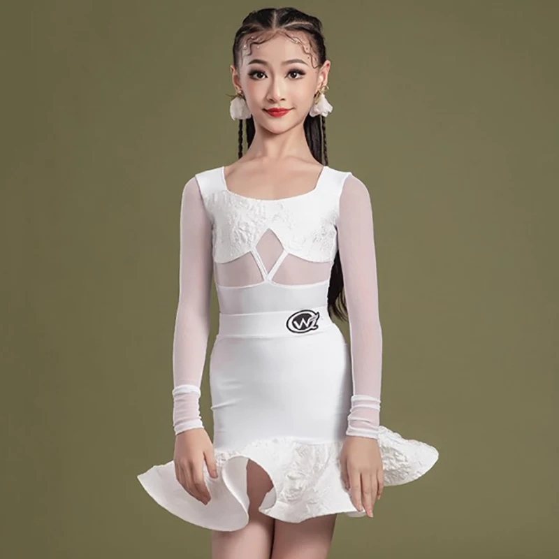 

Белый детский костюм для латиноамериканских танцев для девочек: боди с длинным рукавом и юбка-клеш, профессиональная танцевальная одежда для выступлений